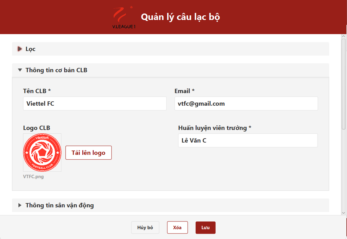 Quản lý thông tin đội bóng