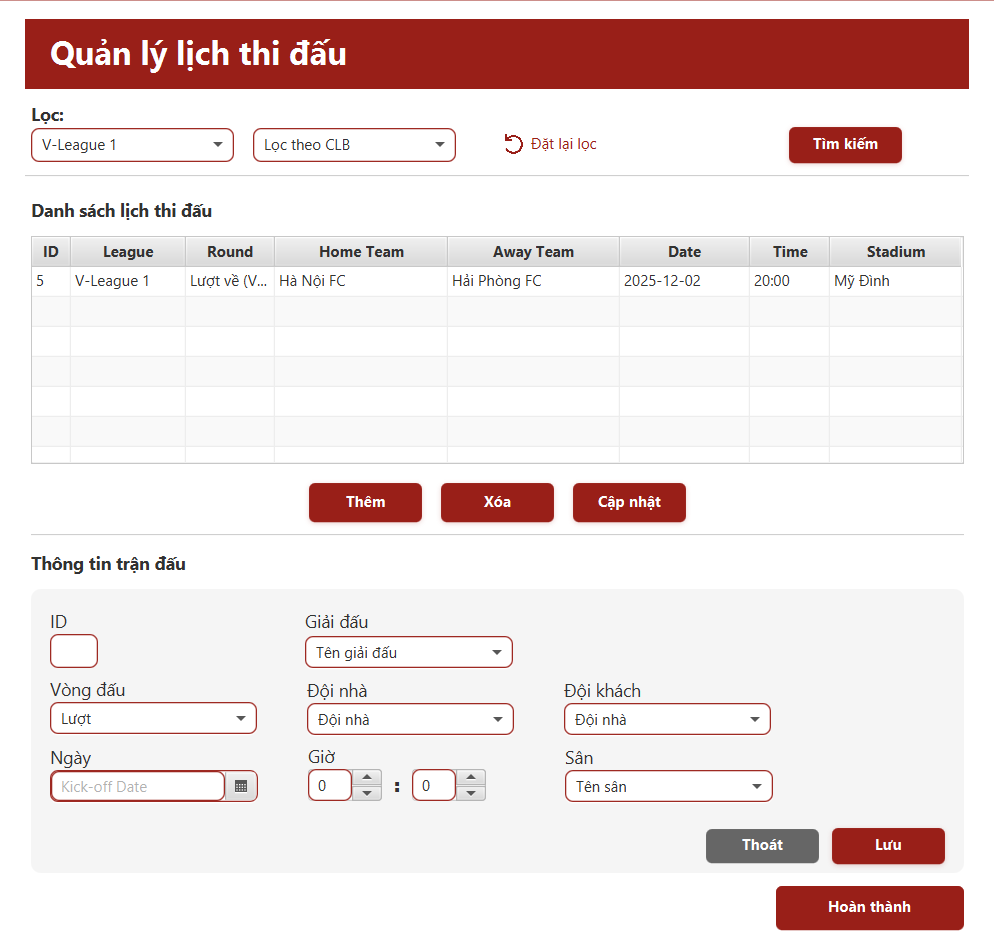 Quản lý thông tin trận đấu