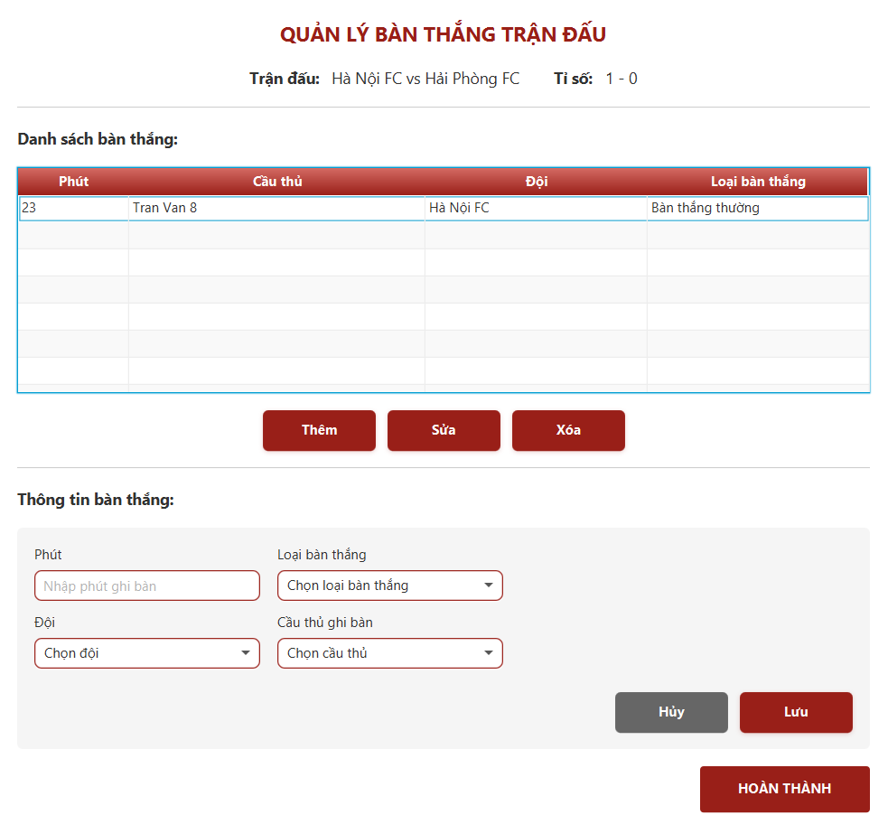 Quản lý thông tin bàn thắng cho kết quả trận đấu