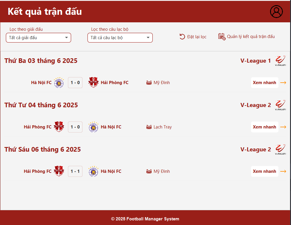 Dashboard tổng quan kết quả trận đấu