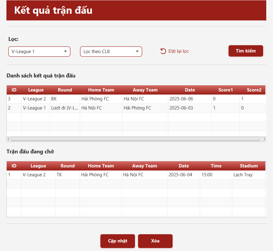 Quản lý thông tin kết quả trận đấu